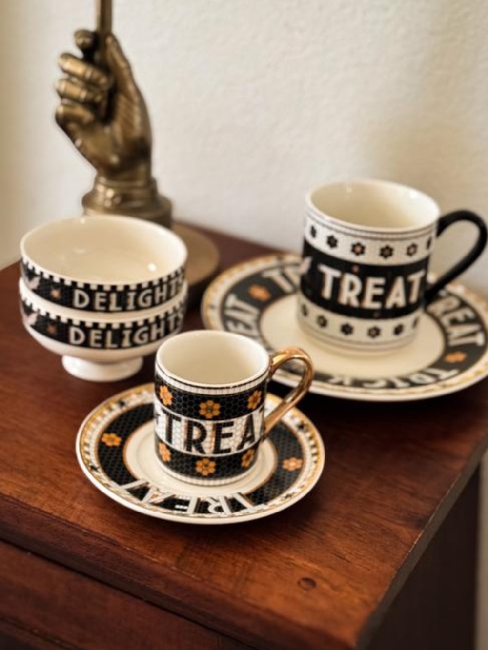 Bistro tile Halloween edition espresso‎ mug & saucer w24K gold
